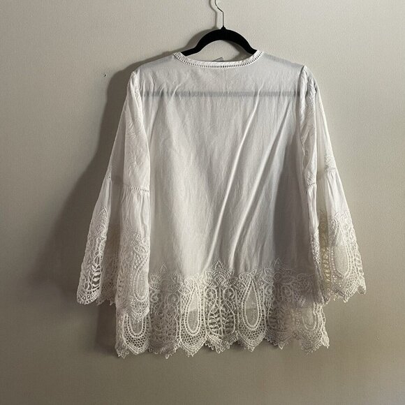 Chicos Sz 0 US 4/6 White Cotton V-Neck Bell Sleeves Embroidered Lace Cutout Top - Picture 10 of 10